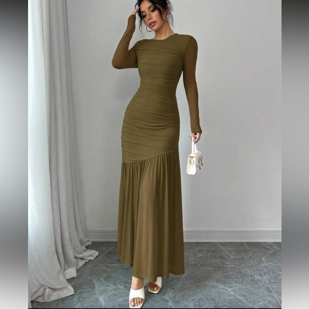 Elegant Long Sleeve Olive Dress